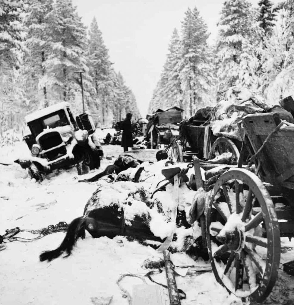 Bombed refugee wagons