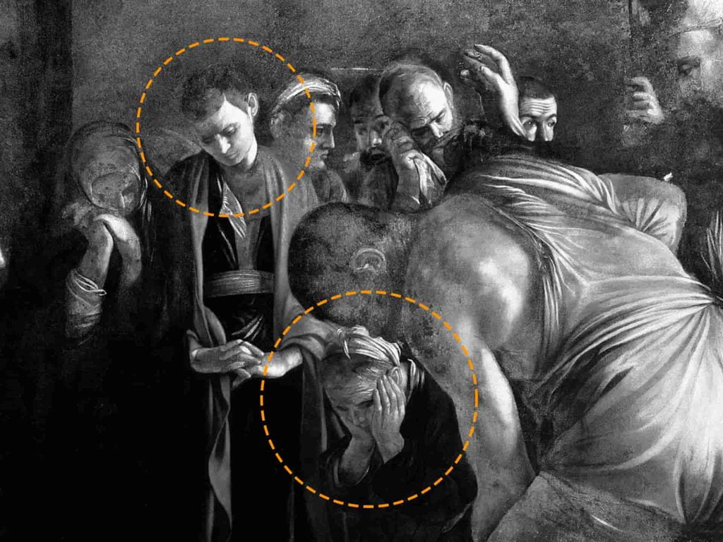 Elderly woman showing authentic emotion next to stoic figures in Caravaggio’s painting, similar to another work by the artist.