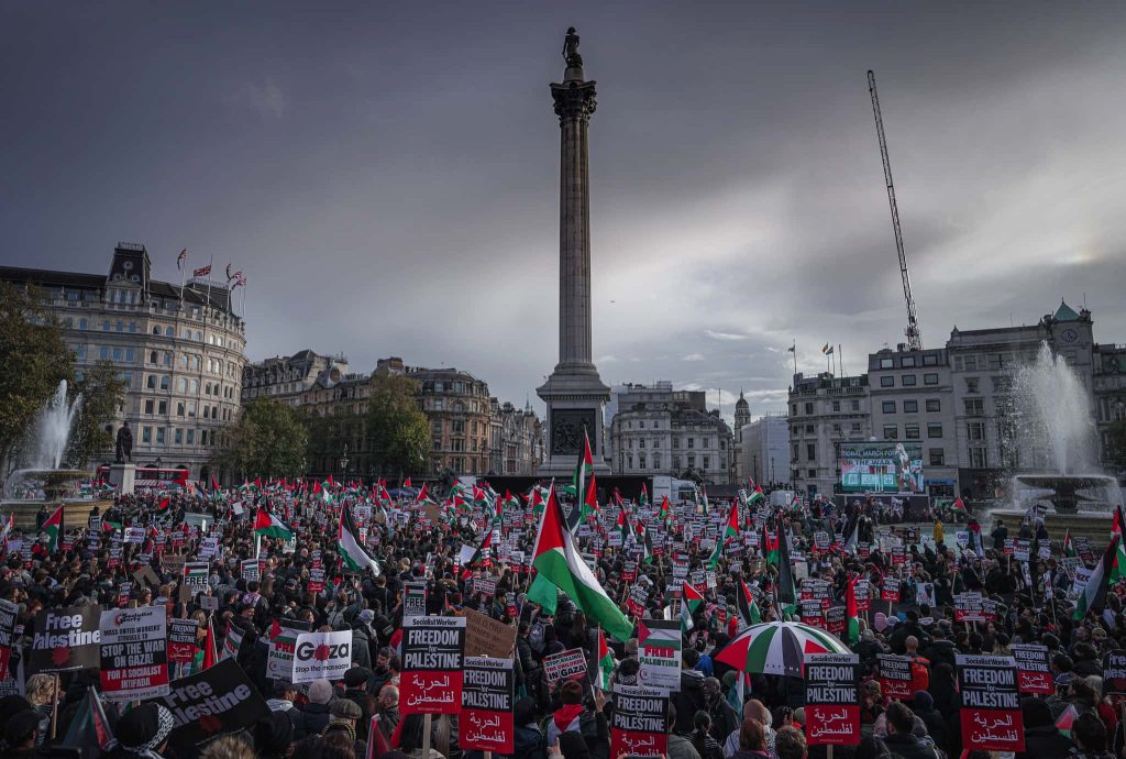 Stop the Massacre protest in London’s Trafalgar Square. Photo: Alisdare Hickson/Flickr © CC BY-SA 2.0 DEED