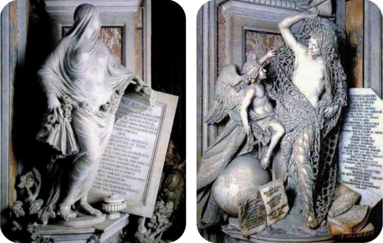 The Sculpture of the Veiled Christ Right, Pudicizia, also called Modesty or Chastity. Left: the statue Disinganno or disillusionment.