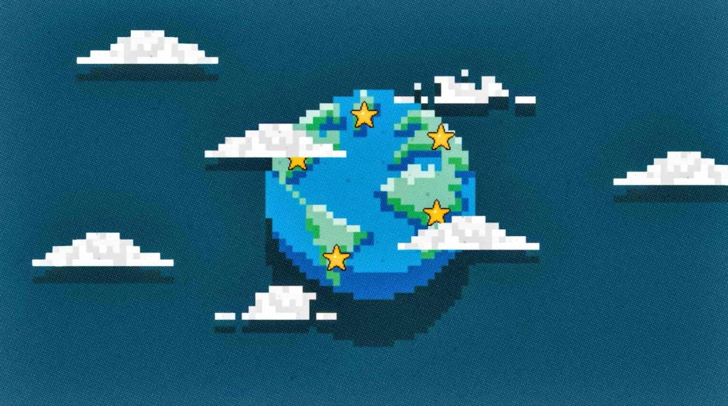 pixelated art of earth with stars over countries.