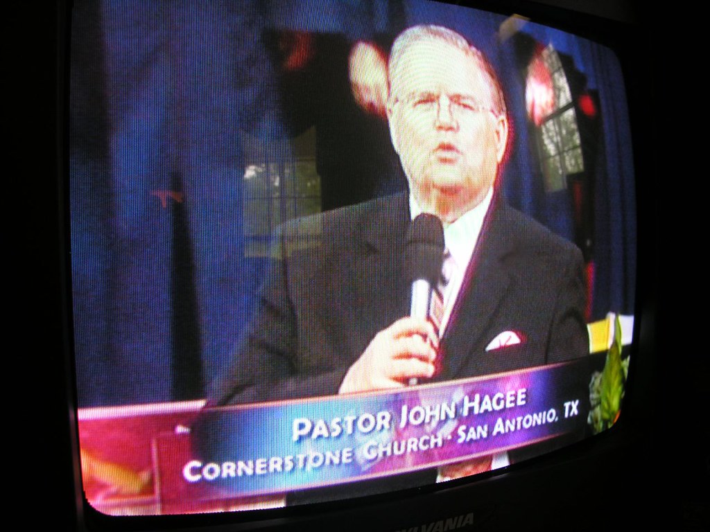 Pastor John Hagee on television. Photo: Judy Baxter/Flickr © CC BY-NC-SA 2.0
