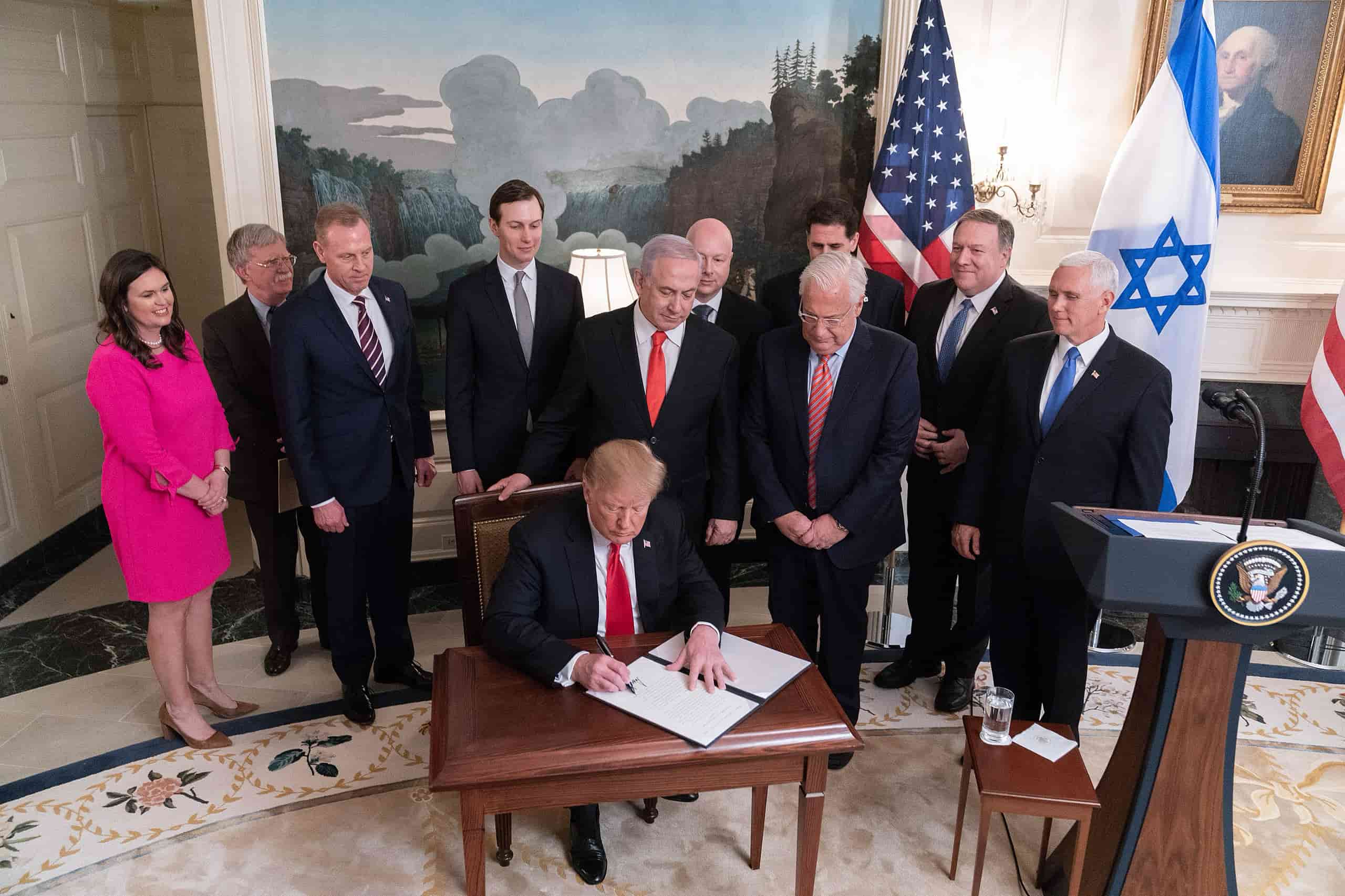 Trump, joined by Mike Pence and Netanyahu to sign a proclamation formally recognising the annexation of the Golan Heights in 2019. Photo: Shealah Craighead/Public Domain