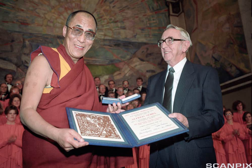 In Oslo, 1989, the Dalai Lama was honoured with the Nobel Peace Prize for his unwavering commitment to peaceful protest against China’s occupation of Tibet, embodying the Buddhist tenet of non-violence.