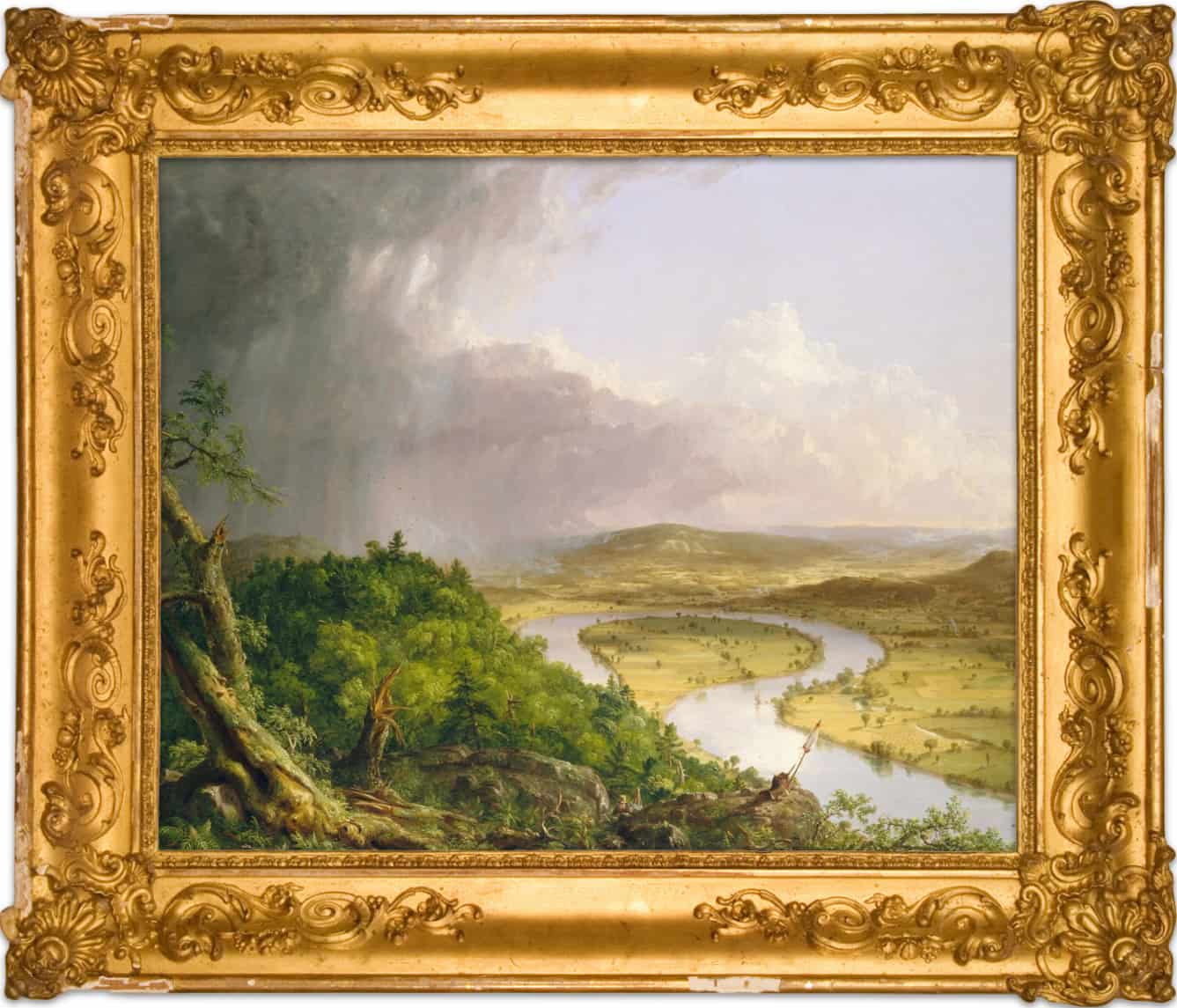 The Oxbow by Thomas Cole, the founder of the Hudson River School, America's first major art movement. The school was painted romantic and detailed visions of the American landscape, often with themes of nature, exploration and settlement.