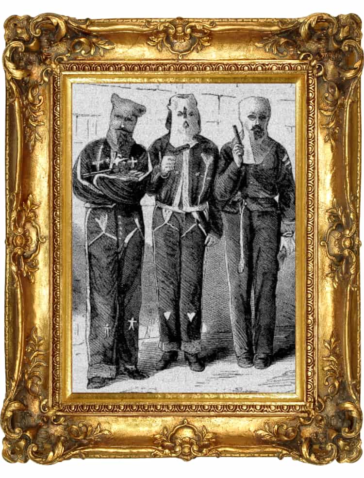 Three Ku Klux Klan members arrested in Tishomingo County, Mississippi, September 1871, for the attempted murder of an entire family.