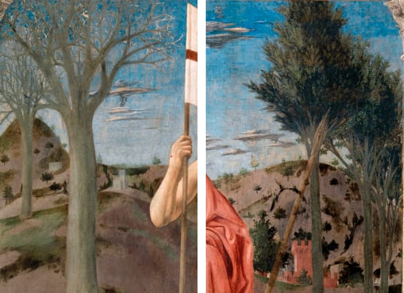 The background mirrors the passage from death to life: on Christ’s right, a barren tree; on his left, a flourishing shrub, symbolising spring and renewal.