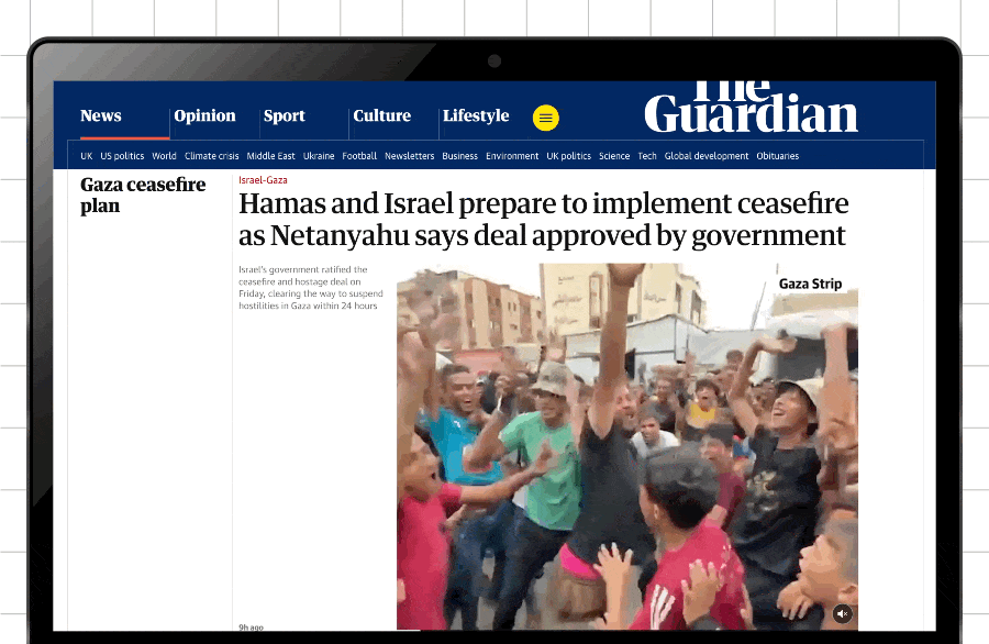 The front page of the Guardian placing images of survivers of genocide next to Israelis.